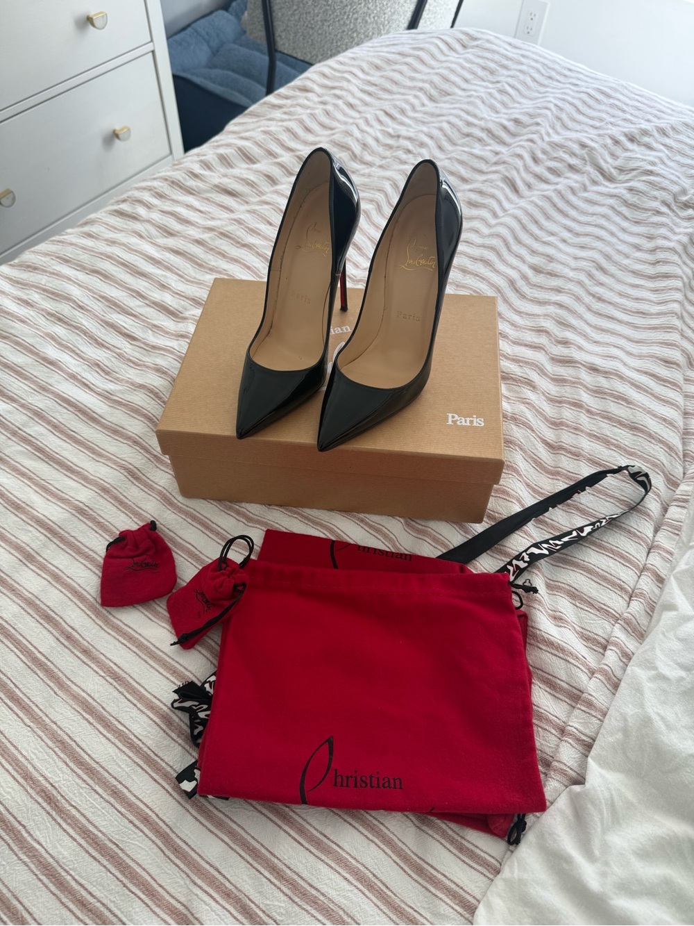 Christian Louboutin Black Patent Stiletto Pumps with Signature Red Sole